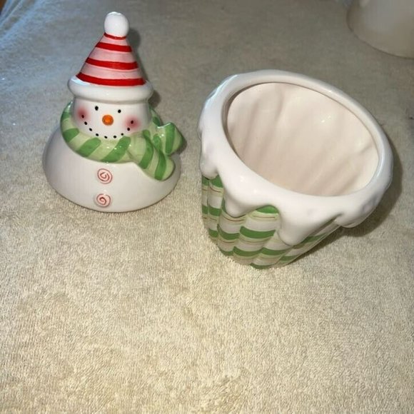 Holiday Christmas Snowman Candy Jar Ceramic Cone Hat 8" - Picture 3 of 7
